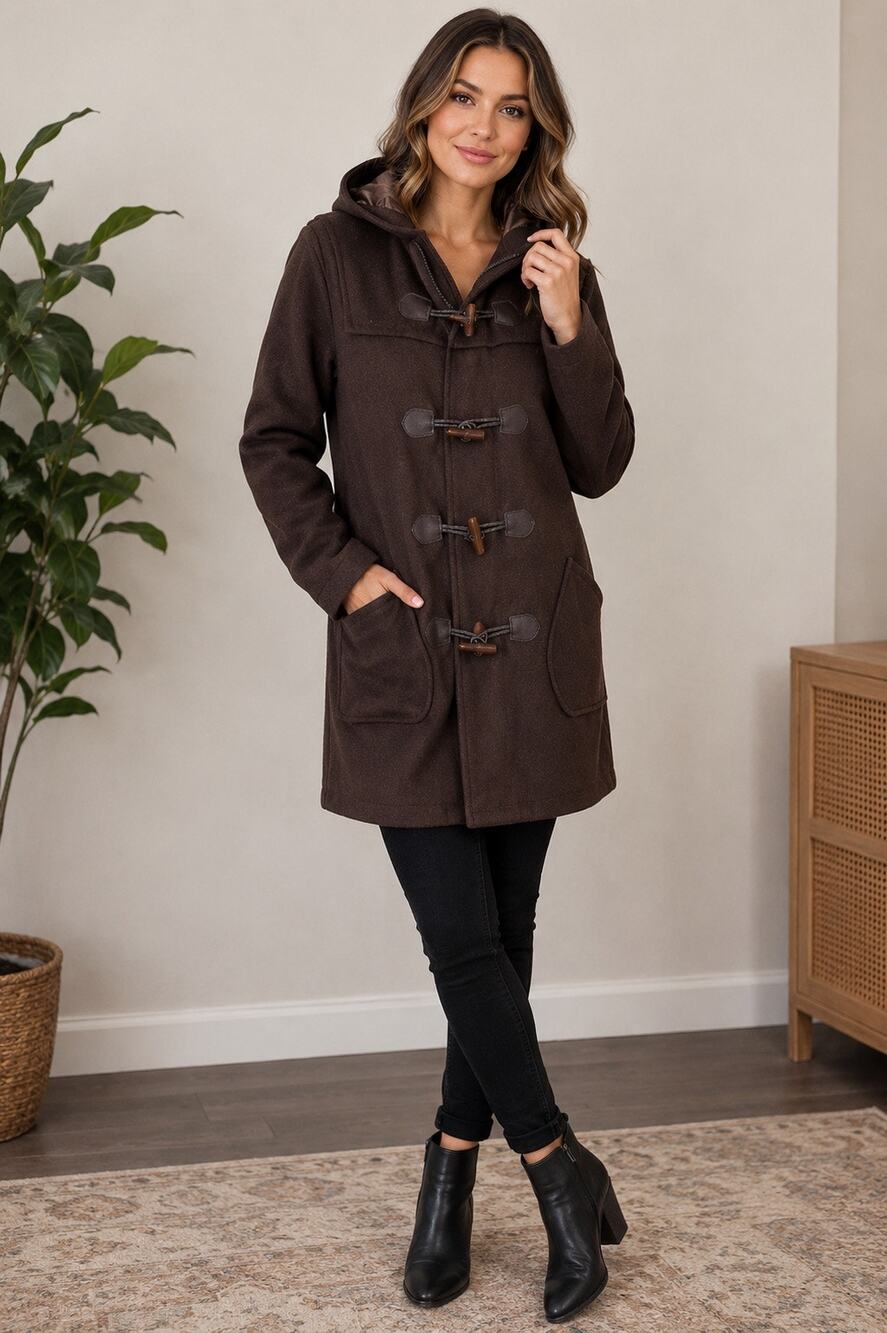 Schott NYC Brown Hooded Wool Blend Toggle Duffle Coat Full Zip Size XL